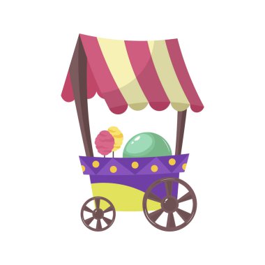 Dondurma arabası düz dizaynlı. Lunaparktaki sokak yemeği büfesi. Vektör çizimi izole edildi.