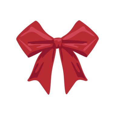 Düz dizaynlı kırmızı bayram yayı. Hediye paketi için parlak saten dekorasyon. Vektör çizimi izole edildi.