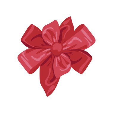 Düz dizaynlı kırmızı bayram yayı. Hediyeler için ipek süsleme kurdelesi. Vektör çizimi izole edildi.