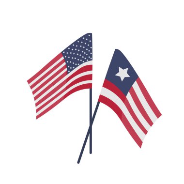 ABD bayrakları düz tasarımla dalgalanıyor. Amerikan sembolleri ve Bağımsızlık Günü. Vektör çizimi izole edildi.