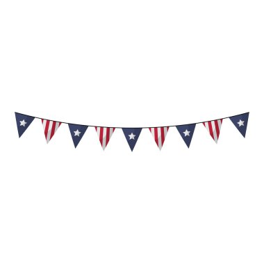 Düz dizaynlı Amerikan bayraklarıyla çelenk asmak. Bağımsızlık Günü Bunting. Vektör çizimi izole edildi.