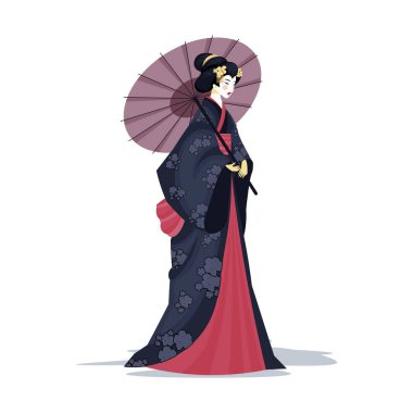 Düz dizaynlı şemsiyeli kimonolu geyşa. Geleneksel Japon elbiseli kadın. Vektör çizimi izole edildi.