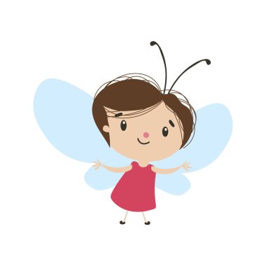 Düz dizaynlı kanatları olan sevimli peri kız. Fantezi yaratığı, küçük elf. Vektör çizimi izole edildi.