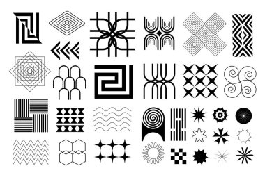 Düz grafik tasarımlı acımasız geometrik şekiller. Koleksiyon soyut siyah siluet elementlerini izole etti benekli ve çizgili figürler, yıldızlar, çiçekler, dalgalar, diğerleri. Vektör illüstrasyonu.