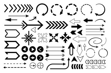 Oklar düz grafik dizaynına ayarlandı. Farklı siyah imleclerin izole ögeleri, dairesel, dönüş, ileri, geri, tekrar, sağ, sol, çapraz, aşağı, diğer işaretler. Vektör illüstrasyonu.