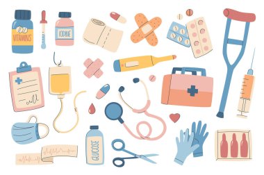 Düz grafik tasarımlı tıbbi set. Vitamin şişesi, pipet, bandaj, hap, sıva, ilaç, kan damlası, stetoskop, ilk yardım çantası gibi izole maddeler. Vektör illüstrasyonu.