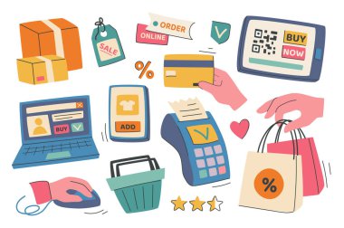 Düz grafik tasarımlı online alışveriş seti. Koleksiyon, satış, sipariş, teslimat kutusu paketi, kredi kartı, nakit ödeme, mobil uygulama, web sitesi, sepet, diğerleri. Vektör illüstrasyonu.