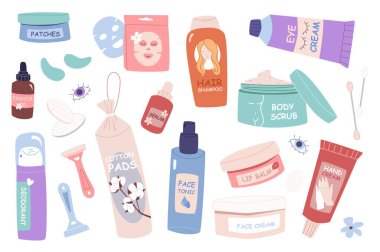 Düz grafik tasarımlı cilt bakımı ürünleri. İzole edilmiş göz bantları, yüz maskesi, saç şampuanı, krem tüpü, vücut fırçası, gerekli yağ, tonik, diğerleri. Vektör illüstrasyonu.