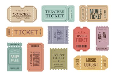 Retro bilet şablonları düz grafik tasarımında ayarlandı. Koleksiyon, VIP geçiş kartlarının izole unsurları, konser, tiyatro, film, disko, sinema, müzik festivali şovu, diğerleri için erişim rozetleri. Vektör illüstrasyonu.