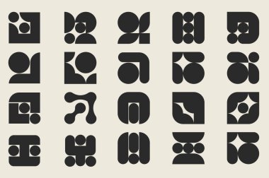 Düz grafik tasarımlı Y2K geometrik şekiller. Koleksiyon, temel soyut yuvarlak, eğri ve oval biçimlere sahip siyah minimal moda pullar ve acayip rozetlerin izole elementleri. Vektör illüstrasyonu.
