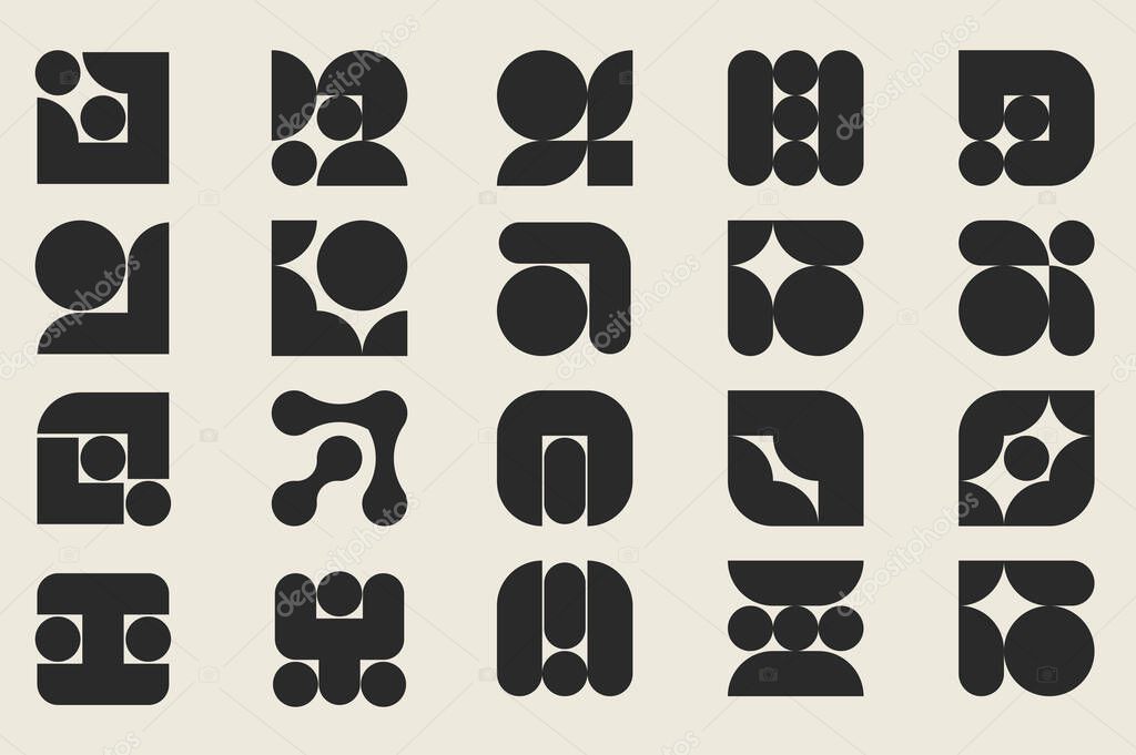 Y2K geometric shapes set in flat graphic design. Collection isolated elements of black minimal groovy stamps and funky badges with basic abstract round, curve and oval forms. Vector illustration.