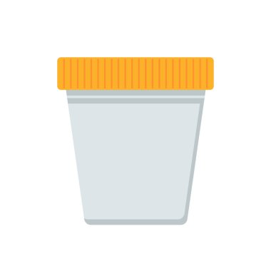 Düz dizaynlı idrar tahlili konteynırı. Laboratuvar incelemesi için plastik tüp. Vektör çizimi izole edildi.