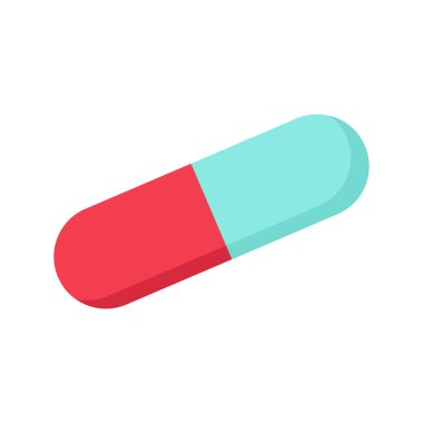 Tıbbi mavi ve kırmızı kapsül düz tasarımda. Antibiyotik tablet tedavisi. Vektör çizimi izole edildi.