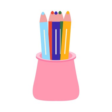 Düz dizaynlı kalemleri fincanda çizmek. Renkli okul boyası kırtasiyesi. Vektör çizimi izole edildi.