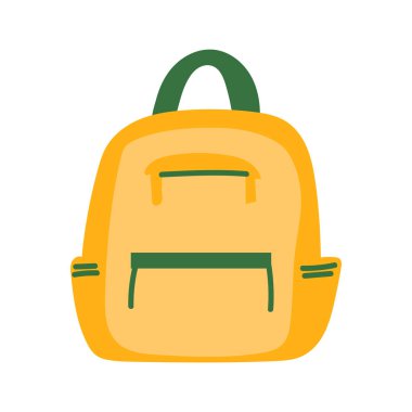 Düz dizaynlı sarı okul çantası. Öğrenci çantası, çocuk paketi. Vektör çizimi izole edildi.