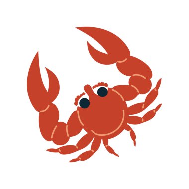 Düz dizaynlı kırmızı yengeç. Deniz ürünleri ve kabuklu menü. Vektör çizimi izole edildi.