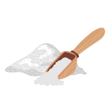 Düz dizaynlı tahta kaşıkla beyaz şeker tozu. Tatlı kum yığını. Vektör çizimi izole edildi.