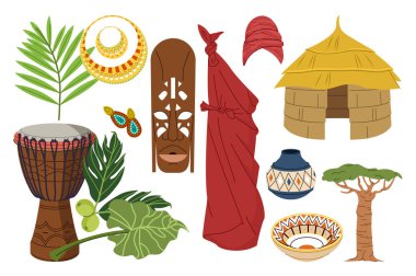 Düz grafik tasarımlı Afrika kültürü. Ayin maskesi, etnik kıyafetler, mücevher küpeleri ve kolye, palmiye yaprağı, davul djembe, ev, diğer şeylerin izole ögeleri. Vektör illüstrasyonu.