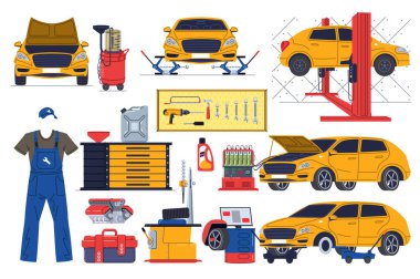 Otomatik servis düz grafik tasarımı ile ayarlandı. Koleksiyon, araba teşhisi, mekanik giysiler, açık kaput, kriko, kaldırıcı, yağ, aletler, teneke kutu, tekerlek hizalaması gibi elementleri izole etti. Vektör illüstrasyonu.