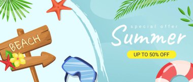 Yaz yatay satış afişi. Tropikal palmiye yaprakları, amber çiçeği, denizyıldızı, dalış maskesi, şişirilebilir yalakalık, plaj levhası oku olan bir poster şablonu. Vektör illüstrasyonu.