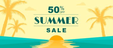 Yaz yatay satış afişi. Geçmişe dönük tropikal günbatımı, palmiye ağacı siluetleri, okyanus ve güneş ile alışveriş promosyonu poster şablonu. Ada tatili için sezonluk kapak düzeni. Vektör illüstrasyonu.