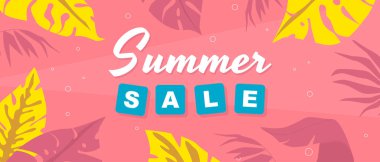 Yaz yatay satış afişi. Soyut renkli tropikal palmiye ve canavar yapraklı siluetler içeren bir poster şablonu, egzotik orman broşürleriyle davetiye. Vektör illüstrasyonu.