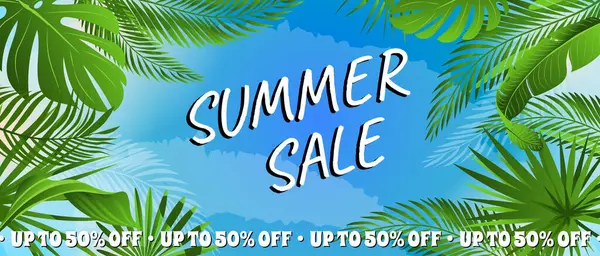 Yaz yatay satış afişi. Yeşil, yemyeşil, tropikal palmiye yaprakları siluetleri, egzotik orman broşürleri ve mavi gökyüzü olan bir poster şablonu. Vektör illüstrasyonu.