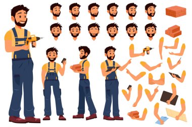 Parçalı animasyon için karakter oluşturucu oluştur. Tamirci pozları, yüz ifadeleri, aletli kollar, tuğlalar, planlar, daha fazlası ile özelleştirilmiş insan koleksiyonu. Vektör illüstrasyonu.