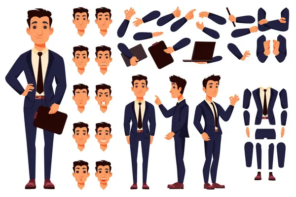 Parçalı animasyon için iş adamı karakter yapıcı. Ofis yöneticisi pozları, yüz ifadeleri başlıkları, dizüstü bilgisayarlı kollar, klasörler, daha fazlası ile özelleştirilmiş insan koleksiyonu. Vektör illüstrasyonu.