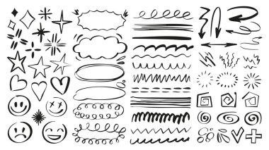 Doodle altı çizili, işaretli fırça darbesi dokusu karalaması. Kara yıldızlı, kalpli, emojili, konuşma baloncuklu, bulutlu, kıvrımlı, oklu, girdaplı elementler. Görüntü.