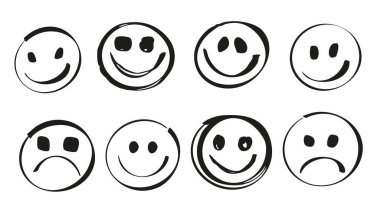 Emoji, fırça darbesi dokusu setine bakıyor. Gülümseyen, eğlenceli, üzgün, diğer olumlu ve olumsuz yüz ifadesi duyguları olan siyah simgeli yazı öğeleri karala. Görüntü.