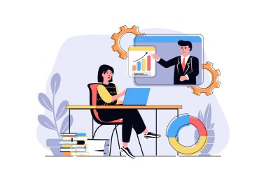 Çizgi film tasarımcılarıyla iş dünyası web sitesi kavramı. Veri analiz semineriyle birlikte iş koçu ile çevrimiçi eğitim gören bir kadın. Düz illüstrasyon beyaz arkaplanda izole edildi.