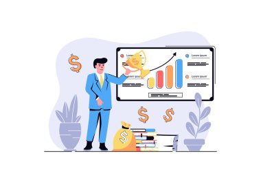 Çizgi film tasarımcılarıyla iş ödülü web konsepti. Zaferi ödül kupasıyla kutlayan adam, finansal büyüme ve para kazanıyor. Düz illüstrasyon beyaz arkaplanda izole edildi.