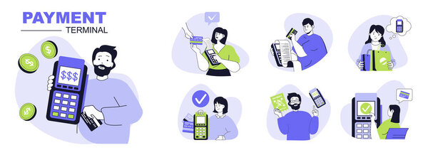 Payment terminal concept set for web design. Collection with people using wireless and contactless POS terminals for paying with credit cards. Flat vector illustration isolated on white background.