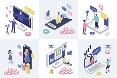 Web tasarımı için 3d izometri konsepti bloglama. İzometrik insanların video içeriği oluşturduğu, sosyal medyada yeni paylaşımlar yaptığı, reklam yaptığı ve takipçileri çektiği bir koleksiyon. Vektör illüstrasyonu.