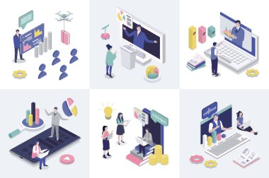 Web tasarımı için iş eğitimi 3D izometri konsepti. Konferansta öğrenen, iş koçluğu yapan ve danışmanlık dersleri alan izometrik insanların derlemesi, video seminerleri. Vektör illüstrasyonu.