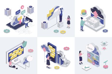 Web tasarımı için bulut depolama 3d izometri kavramı. İzometrik insanların çevrimiçi depolama, veri toplama, veri toplama, sunucu hizmetine veri yükleme ve indirme seti. Vektör illüstrasyonu.