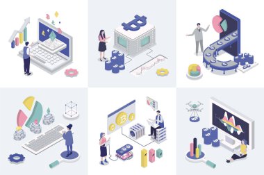 Web tasarımı için kripto para birimi 3d izometri kavramı. Kripto işi yapan izometrik insanların oluşturduğu bir koleksiyon. Sanal platformlarda bitcoin 'lere yatırım yapmak, ticaret ve madencilik paraları. Vektör illüstrasyonu.