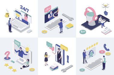 Web tasarımı için müşteri desteği 3d izometri konsepti. İzometrik insanlardan oluşan koleksiyon, operatörler, çevrimiçi yardım ve geri bildirim ile teknik çözüm merkezini arıyor. Vektör illüstrasyonu.
