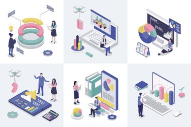 Web tasarımı için veri analizi 3d izometri kavramı. İstatistik araştırması, şema, grafik ve grafik paneli analizi ve pazarlama raporu yapan izometrik insanların oluşturduğu bir koleksiyon. Vektör illüstrasyonu.