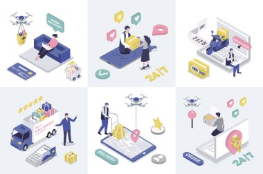 Web tasarımı için 3d eşölçüm konsepti. İzometrik insanların insansız hava araçları, kuryeler, kamyon taşımacılığı ve uygulama izleme paketleriyle yiyecek teslimatı yaptığı bir koleksiyon. Vektör illüstrasyonu.