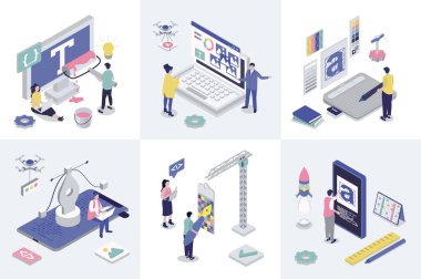 Web tasarımı için 3d izometri konsepti tasarladı. İzometrik insanların çizim araçları ve yazı karakterleri kullanarak arayüz düzeni ve grafik içeriği oluşturduğu bir koleksiyon seti. Vektör illüstrasyonu.