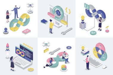Web tasarımı için DevOps 3d izometri kavramı. Çevik geliştirme işlemleri uygulaması, programlama, yaratma ve piyasaya sürme döngüleri kullanılarak izometrik insanların toplanması. Vektör illüstrasyonu.