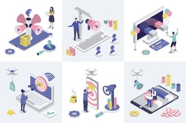 Web tasarımı için dijital pazarlama 3d izometri kavramı. İzometrik insanların çevrimiçi promosyon yaptığı koleksiyon, reklam hedefleme, müşterilerle iş iletişimi. Vektör illüstrasyonu.