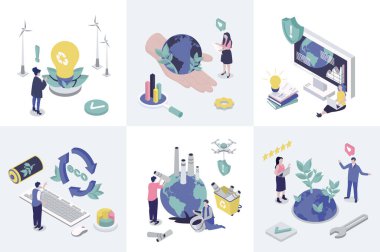 Web tasarımı için ekoloji 3d izometri kavramı. Atık yönetimi ve geri dönüşüm teknolojisi, gezegen ve iklimi kurtarmak için alternatif enerji kullanan izometrik insanlardan oluşan bir koleksiyon. Vektör illüstrasyonu.
