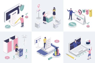 Web tasarımı için seçim ve oylama 3 boyutlu izometri kavramı. İzometrik insanlardan oluşan bir koleksiyon iç oylama sistemi kullanıyor, demokratik seçimler yapıyor, siyasi adayları destekliyor. Vektör illüstrasyonu.