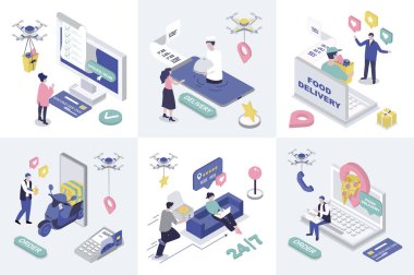 Gıda teslimatı web tasarımı için 3D izometri kavramı. İzometrik insanların çantalarda pizza ya da market menüsü sipariş ettiği bir koleksiyon. Eve hızlı kurye gönderme hizmeti kullanarak. Vektör illüstrasyonu.