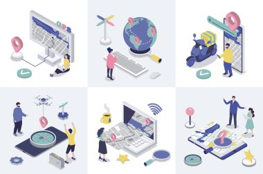 Web tasarımı için GPS navigasyon 3d izometri kavramı. Haritalı, pusula navigatörlü, konum göstergeli çevrimiçi küresel konumlandırma sistemini kullanan izometrik kişilerle bir koleksiyon seti. Vektör illüstrasyonu.