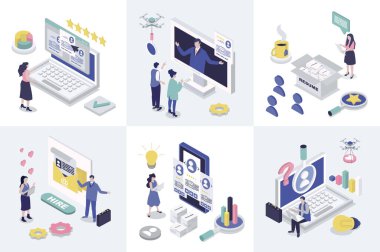 Web tasarımı için HR süreci 3d izometri kavramı. İşe almak için aday arayan izometrik insanların toplandığı bir koleksiyon, boş bir yerde iş görüşmesi yapmak, en iyi online özgeçmişi aramak. Vektör illüstrasyonu.