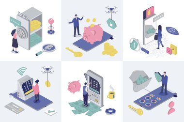 Web tasarımı için mobil bankacılık 3d izometri kavramı. İzometrik insanların banka kasasında para biriktirdiği bir koleksiyon. Uygulamada mali yönetim, ATM 'de nakit ödeme, çevrimiçi ödeme. Vektör illüstrasyonu.